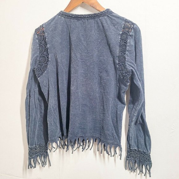 Rebecca Elliot Women's Blue Cardigan Open Front Top Blouse Fringe Trim Small - Picture 2 of 7